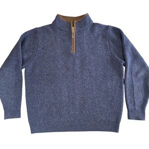 LL Bean Quarter Zip Sweater Mens Large Blue 100% Merino Wool Ribbed Pullover